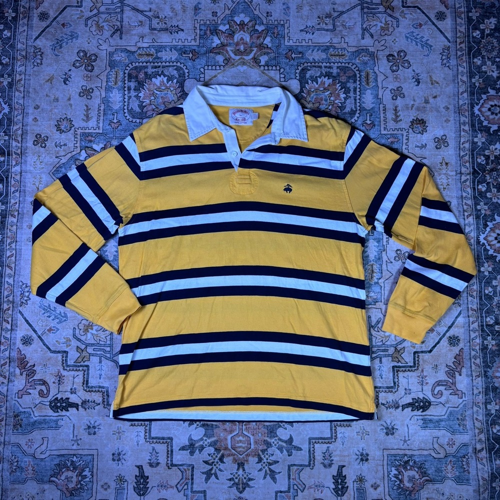 Brooks Brothers Men Large Long Sleeve Rugby Shirt Yellow Navy Stripe College Y2K